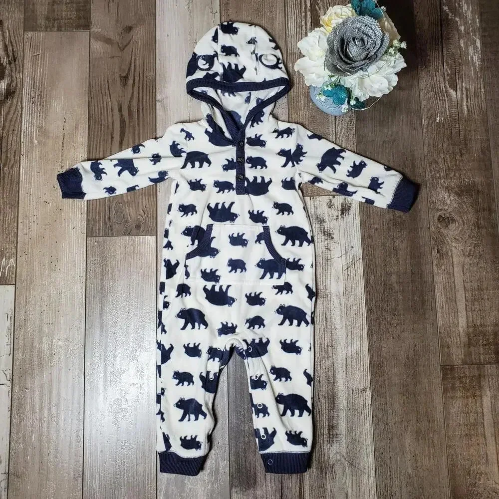 Carter's One Piece Fleece Hooded Jumper Jumpsuit White Blue Bears Size 12m EUC